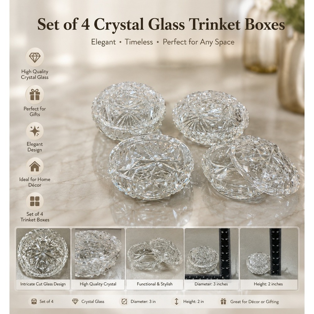 Vintage Cut Crystal Trinket Box Round Glass Jewelry Dish Starburst Design 3.5in